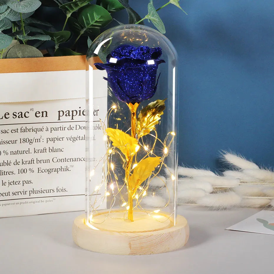 Handmade eternal red rose flower with warm white LED light inside a glass cover