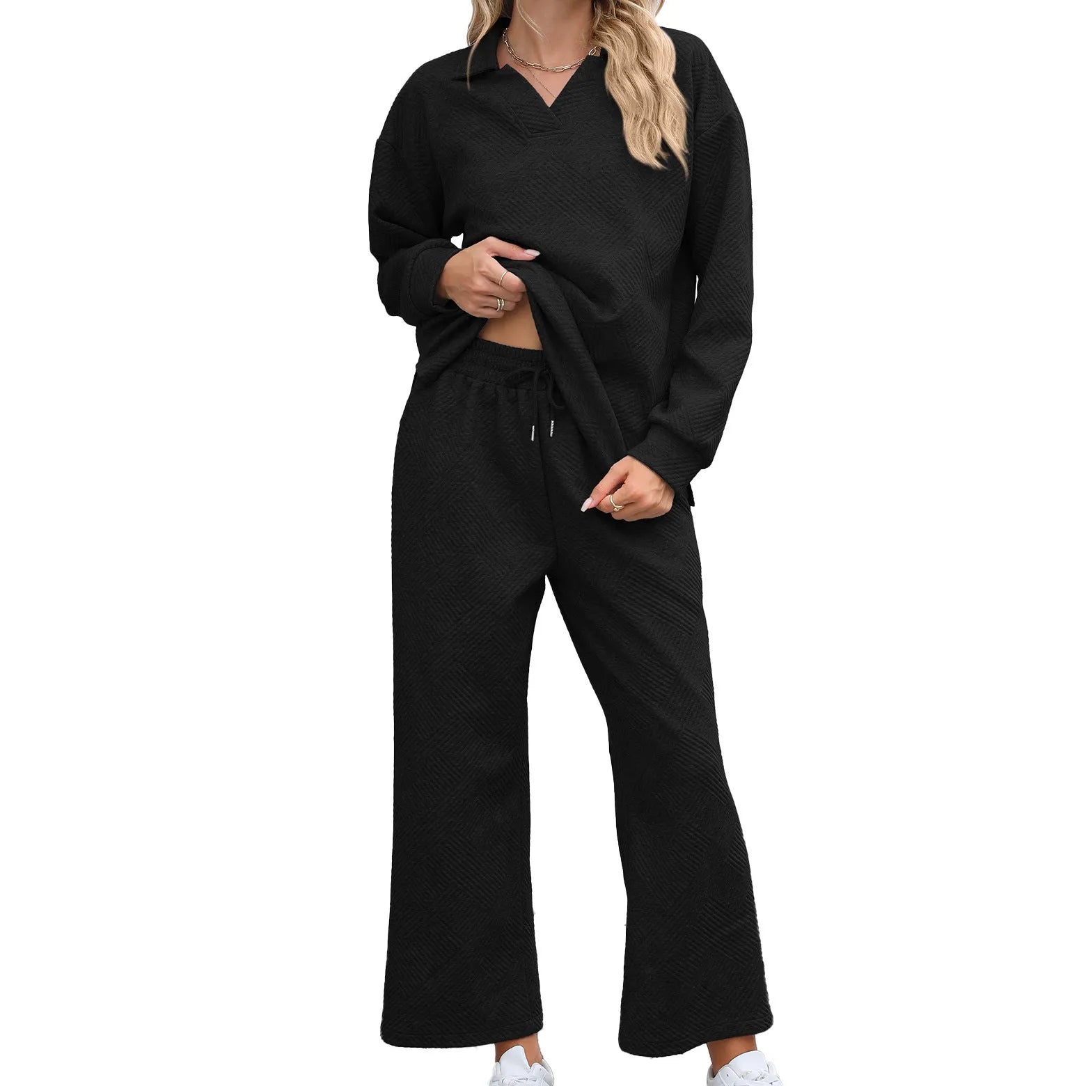 Women's solid colour lapel sweater and elastic waist cropped trousers rayon knit suit set