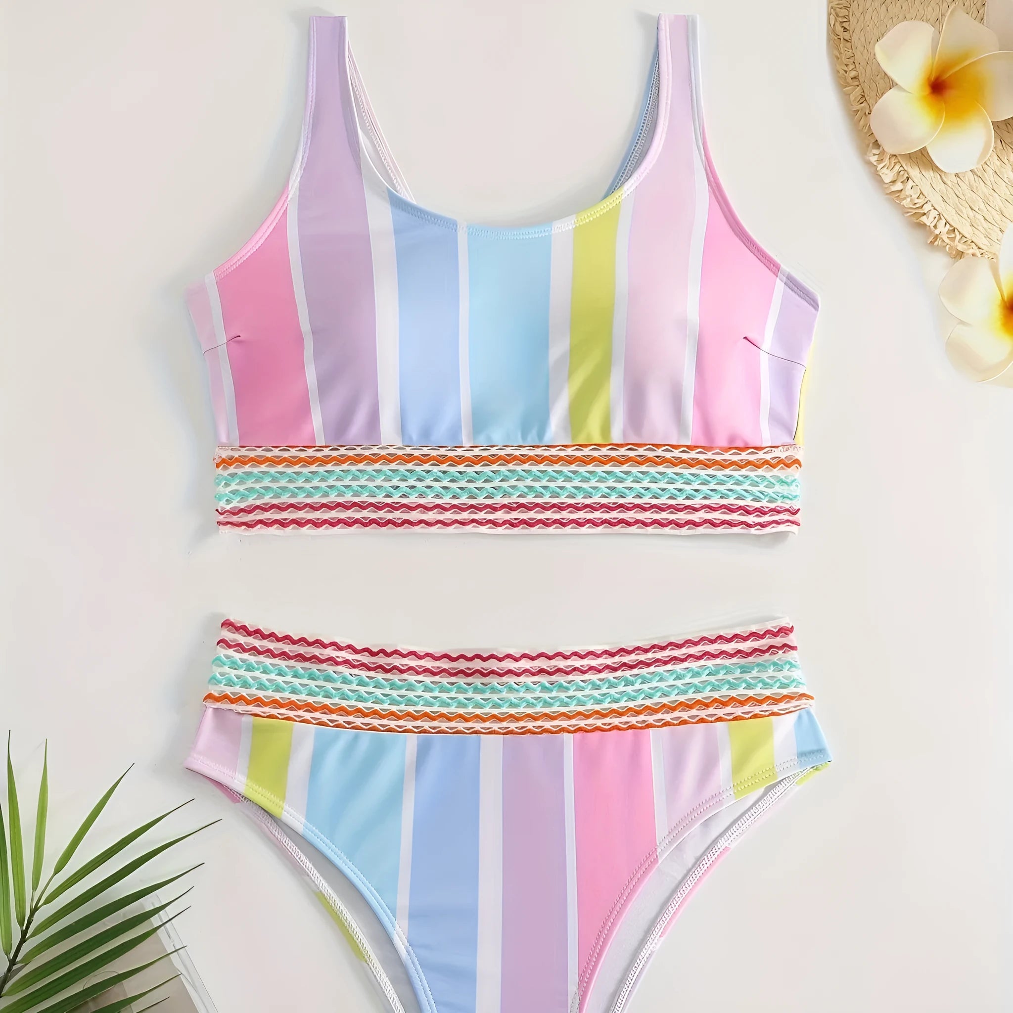 Women's striped two-piece bikini set for swimming and sports.