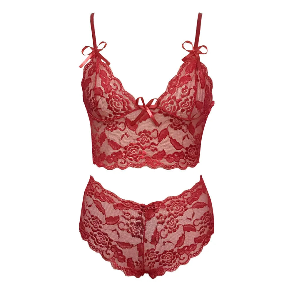 Women's see-through lace sling adjustable chest wrap three-point lingerie set in red