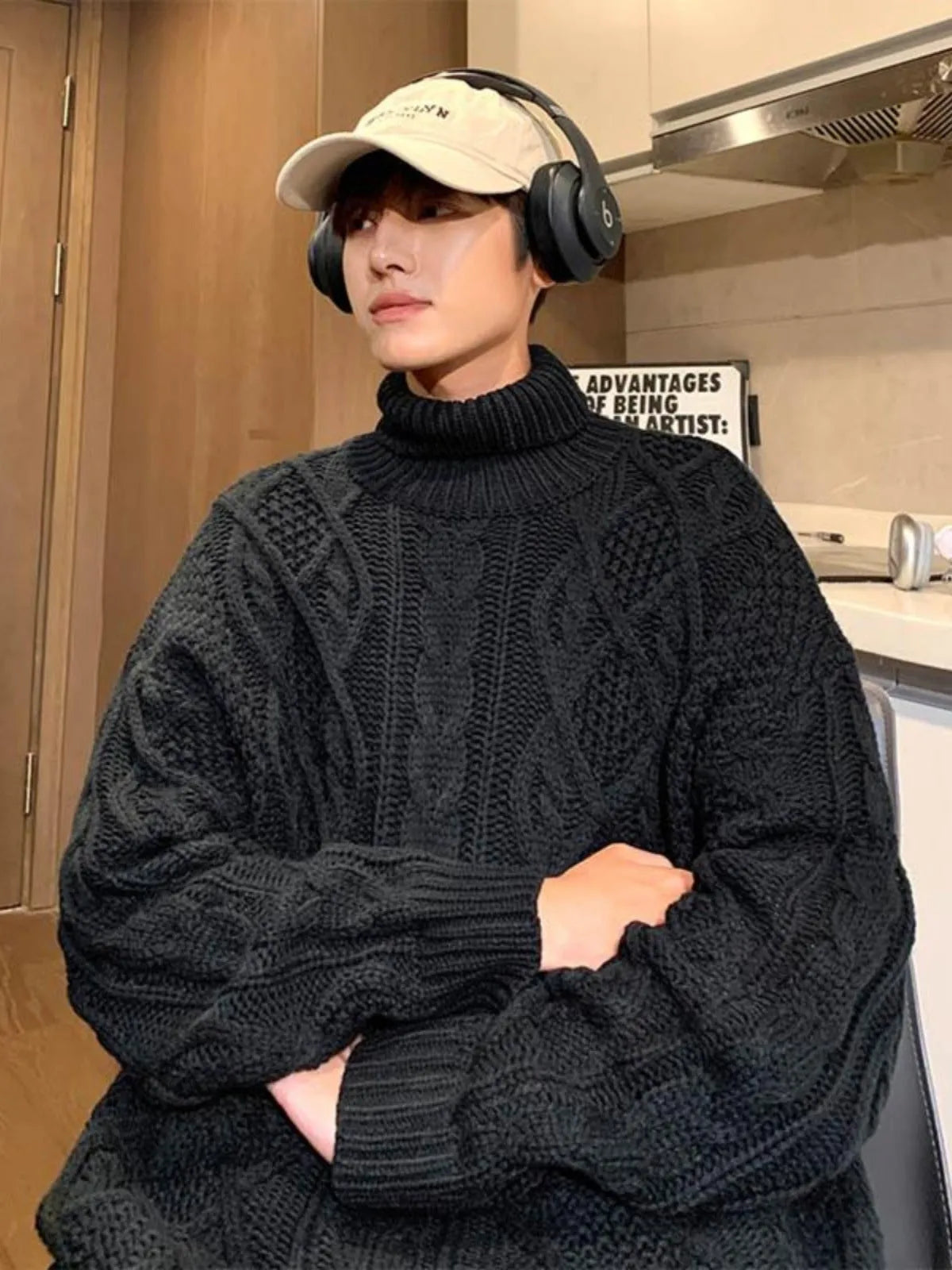 Japanese-style retro green jacquard turtleneck sweater, loose fit wool blend knit jumper for women