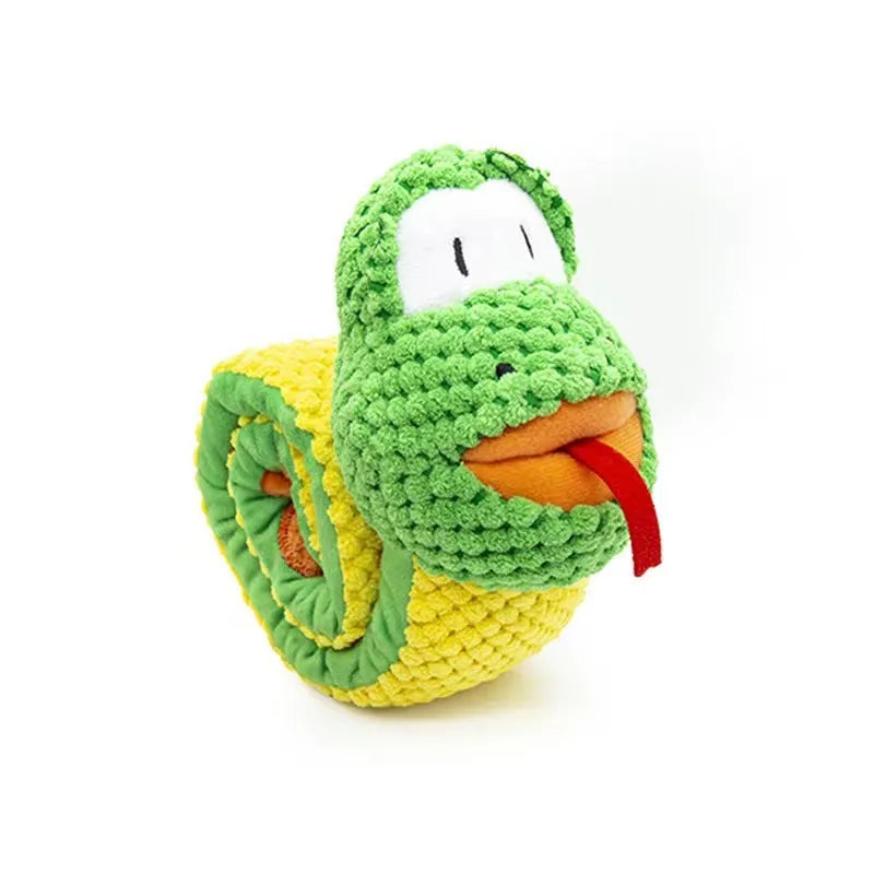 Squeak dog toy in frog snail or snake design with foraging holes and velvet texture