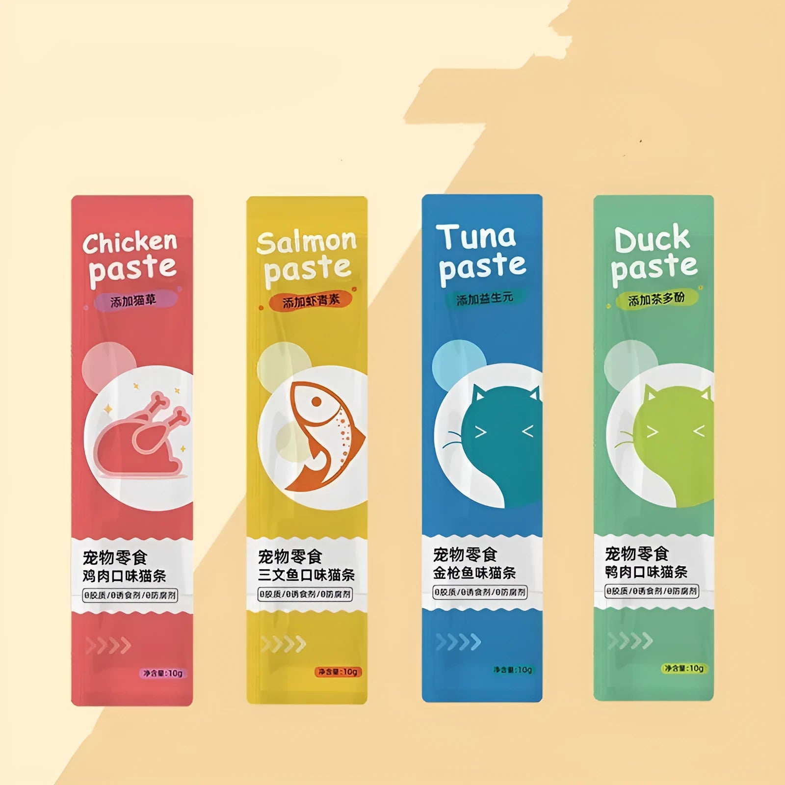 Pack of 10 moist cat snack strips for kittens in four different flavours.