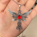 Geometric alloy pendant necklace with a cross and wing design in five colour options.