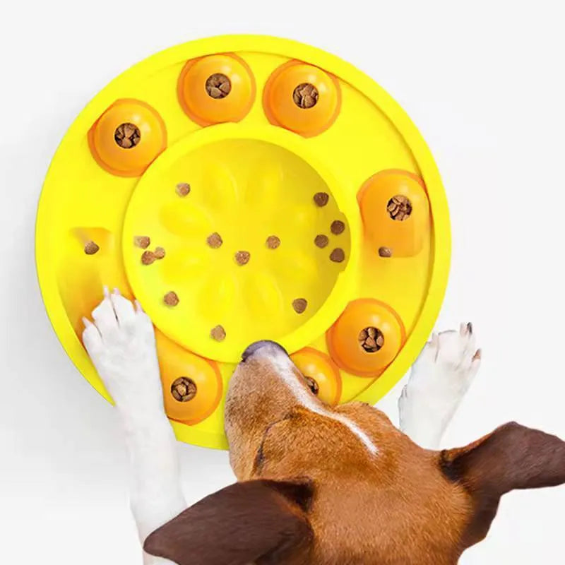 Green plastic interactive dog puzzle toy slow feeder bowl with non-slip base and food turntable.