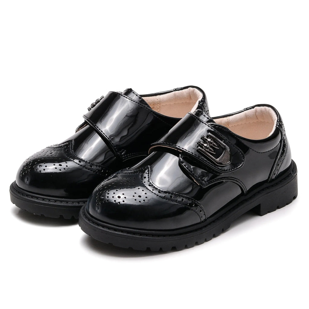 Boys' black shiny microfiber leather shoes with rubber sole round toe