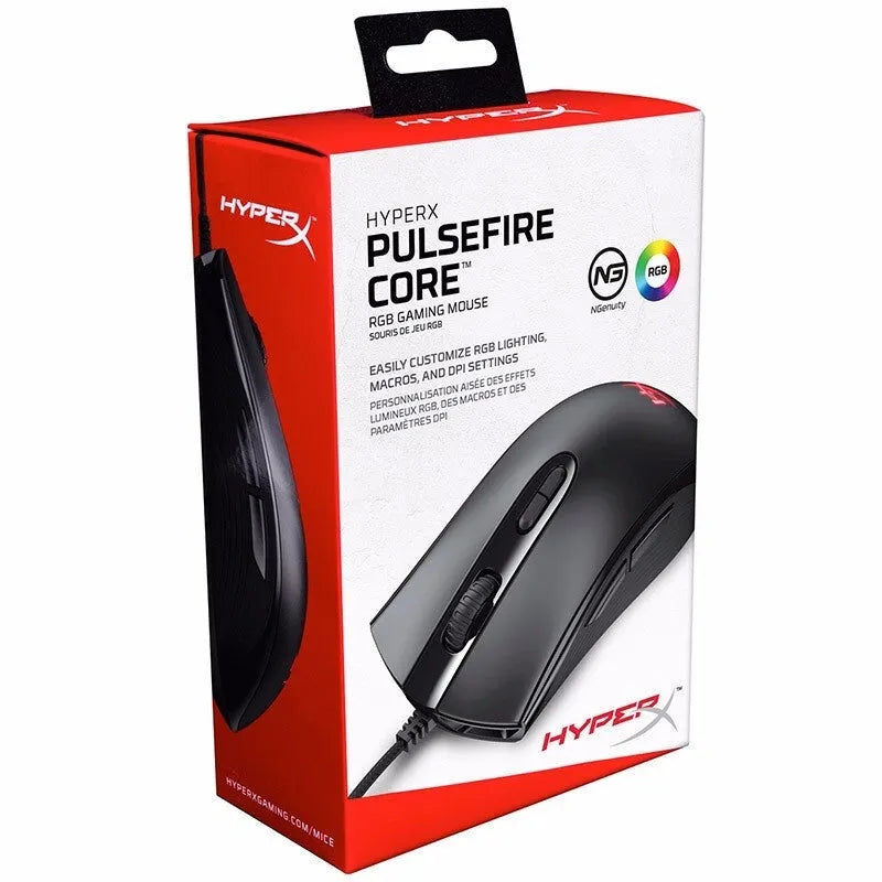 Pulsefire Core RGB wired gaming mouse in black and pink colours with glowing lighting and USB cable.