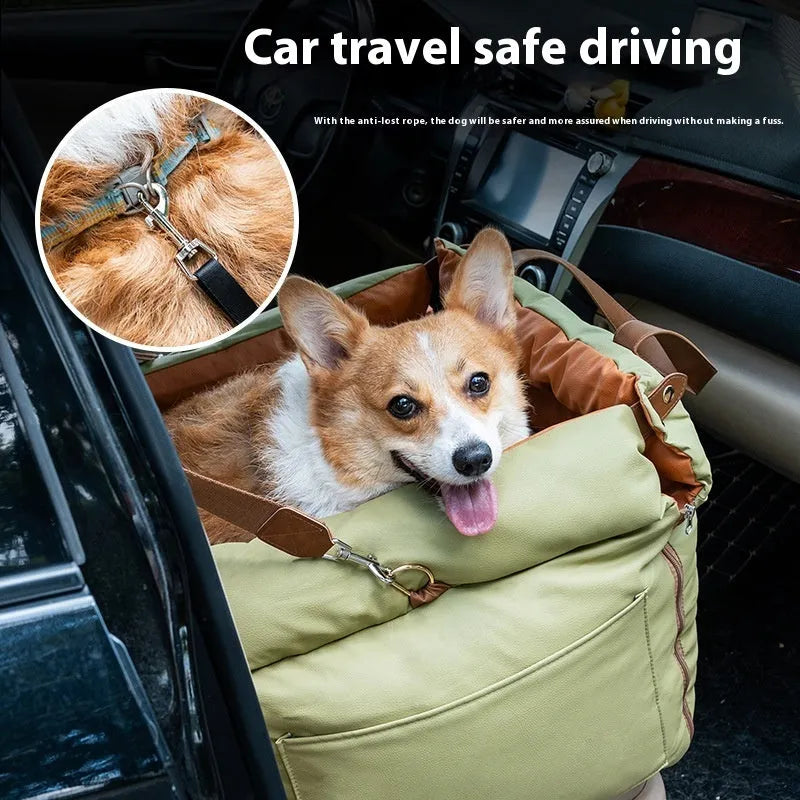 Brown removable cloth cat car kennel showing dimensions of 55cm by 50cm by 45cm.
