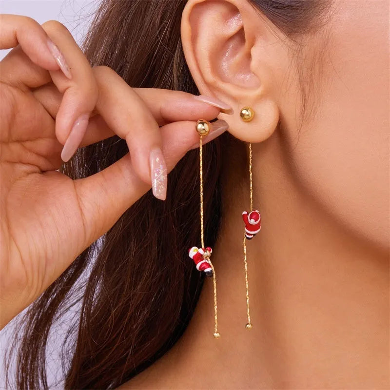 Crawling Santa tassel long asymmetric snowflake earrings in zinc alloy with inlaid diamond finish for women