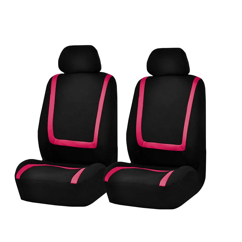 Beige black fabric car seat covers showing headrest and front piece installation