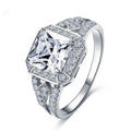 Geometric hollow women's ring with quadrilateral pattern and zircon stones in platinum finish