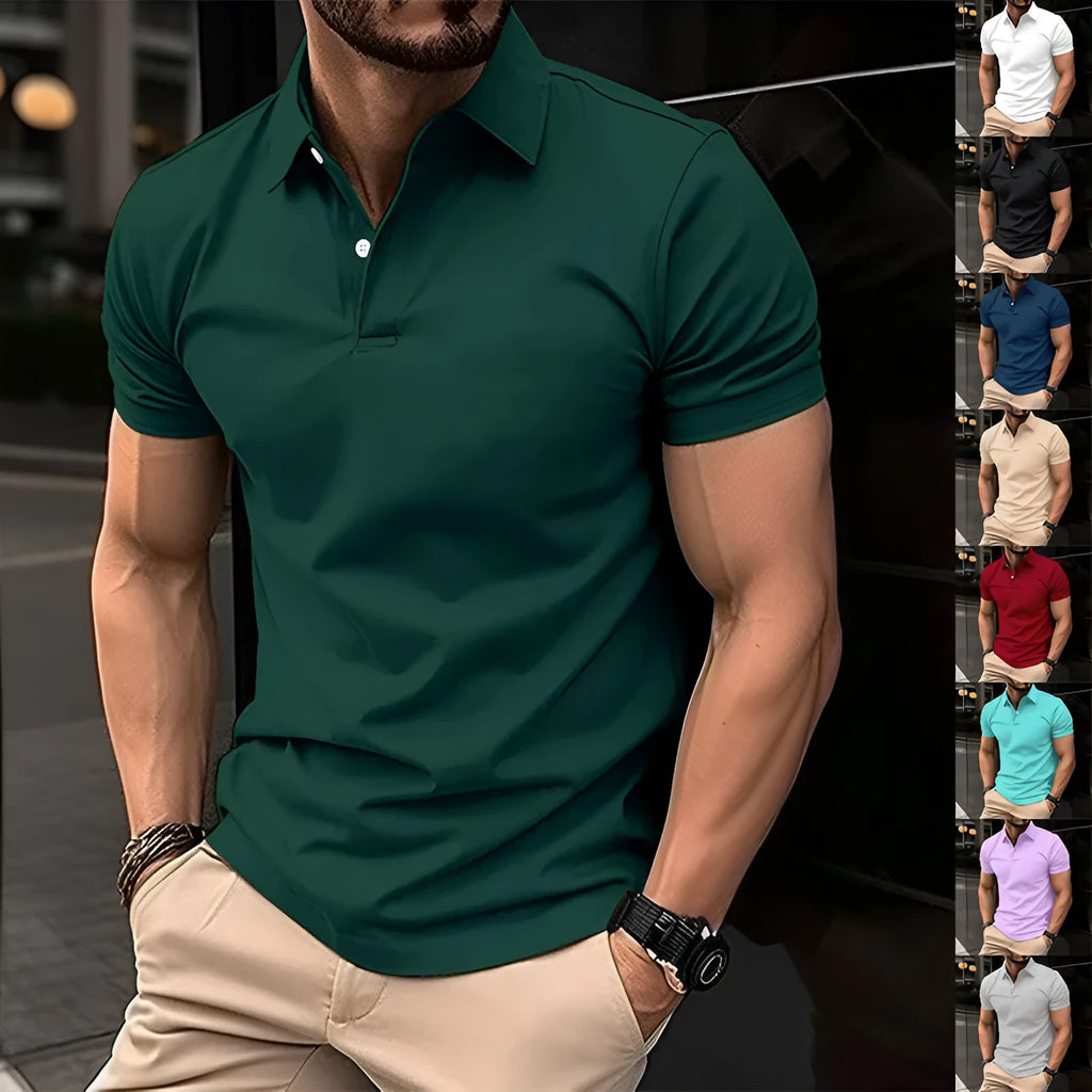 Man modelling a solid colour short sleeve polo shirt with a buttoned lapel collar.