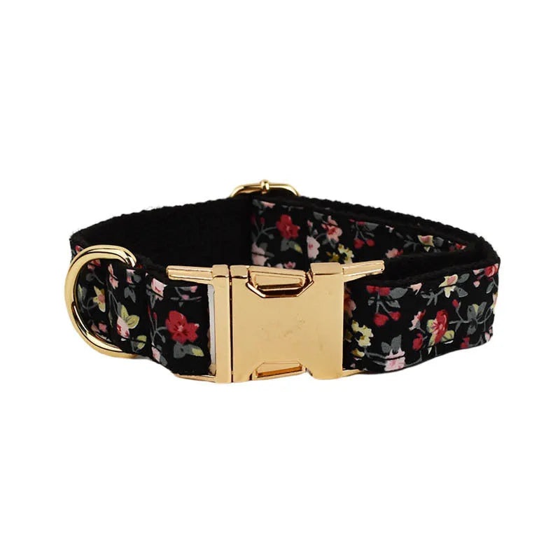 Removable bow lettering printed on a cloth dog collar, with matching leash, bow, and vest set.