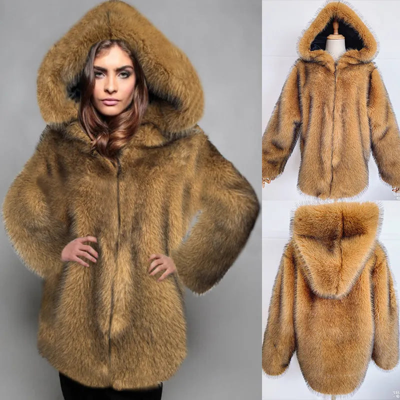 A woman wearing a silver grey loose-fit mid-length artificial fur coat.
