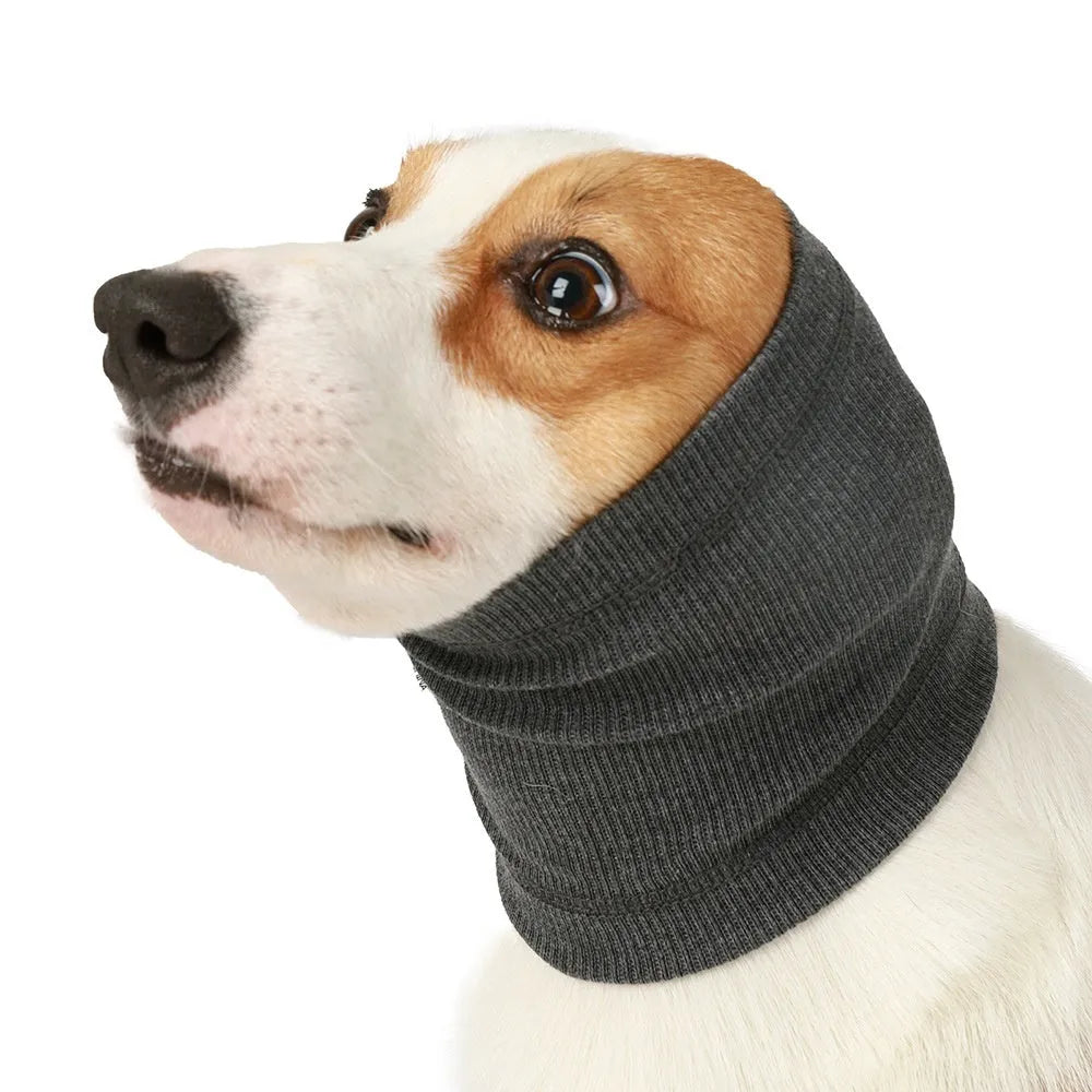 Blue and grey polyester dog comforter headband scarf showing casual bandana style with S M L size options