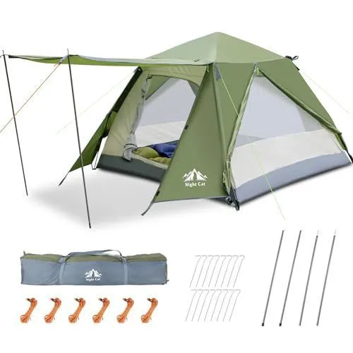 Dark green two-person camping tent with automatic instant setup showing compact dimensions