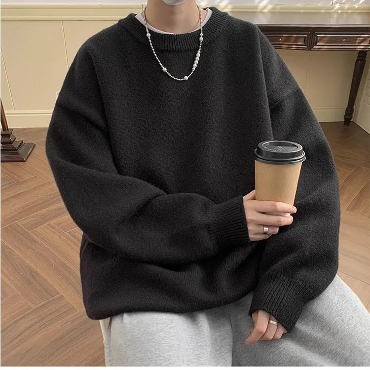 Men's loose fit pullover sweater in light grey polyester, long sleeve, Japanese style, winter daily wear.