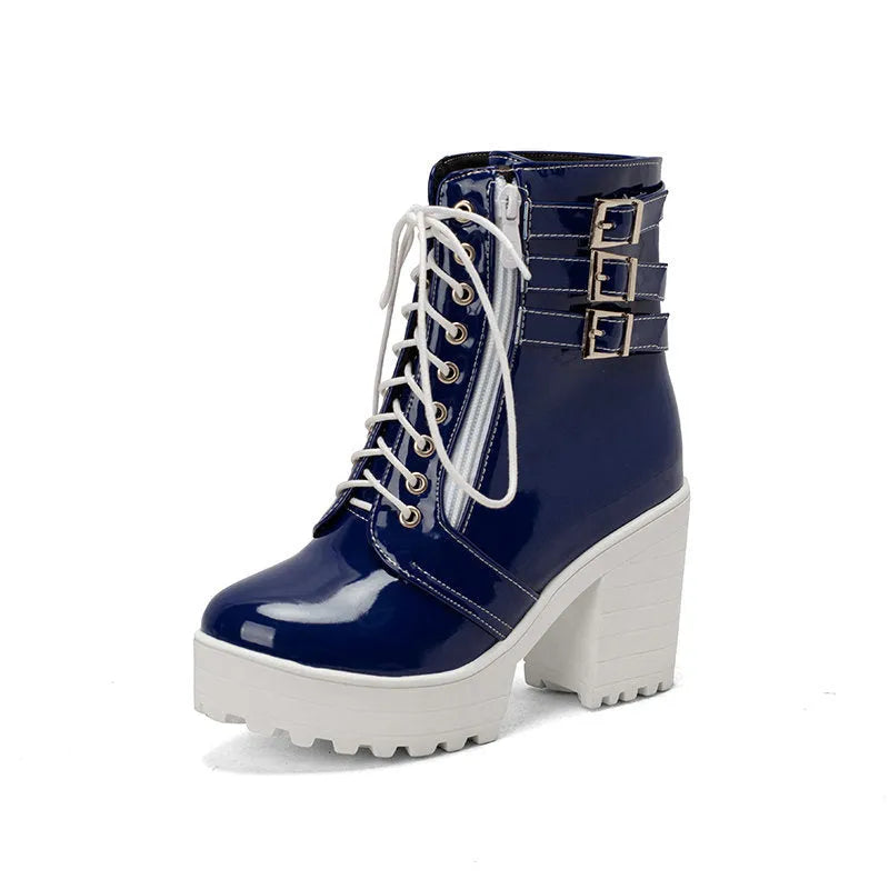 Women's waterproof winter boots with thick 6-8 cm heel and lace-up front in multiple colours