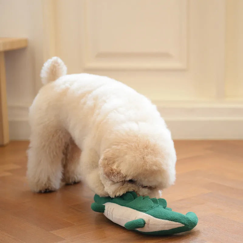 Green durable plush toy dog interactive pet toy measuring 35cm by 18cm