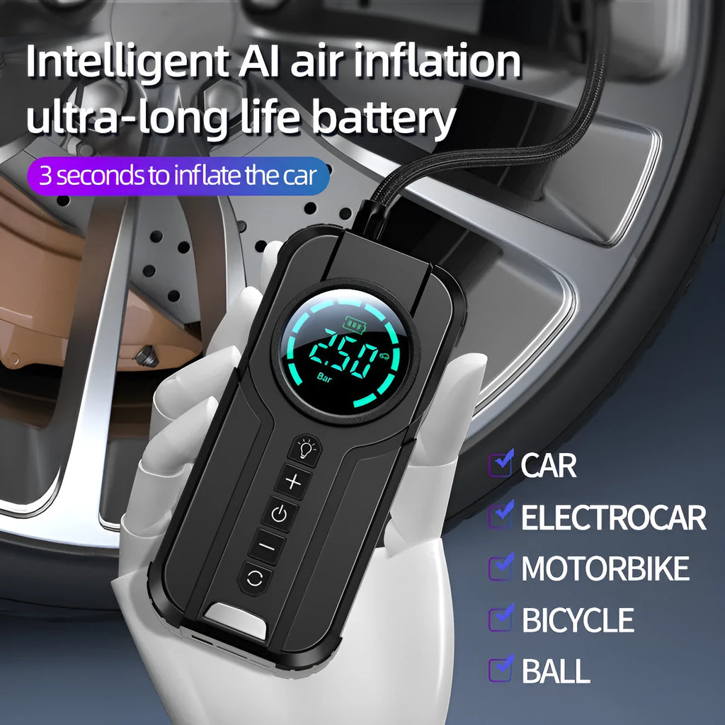 Black wireless portable car air pump with digital display, 6000mAh battery, and accessories including hose and conversion heads