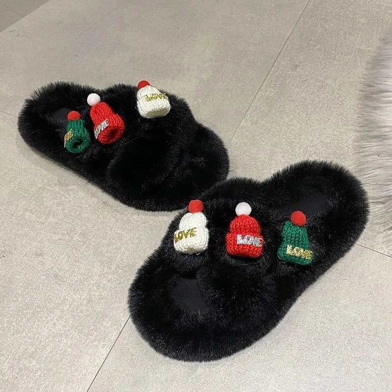 Women's Christmas hat decorative slippers in faux plush with rubber sole