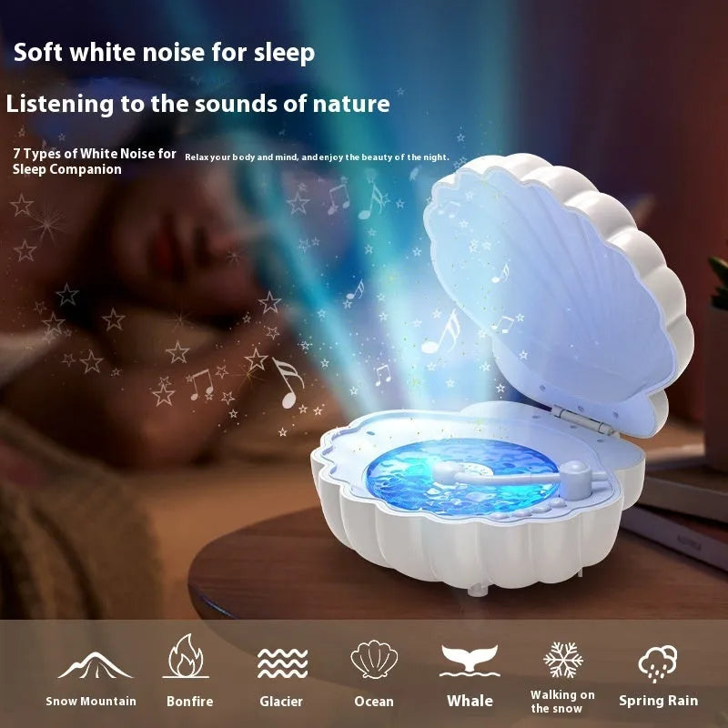 Retro-style vinyl record player shaped shell lamp with LED lights, shown in blue colour.