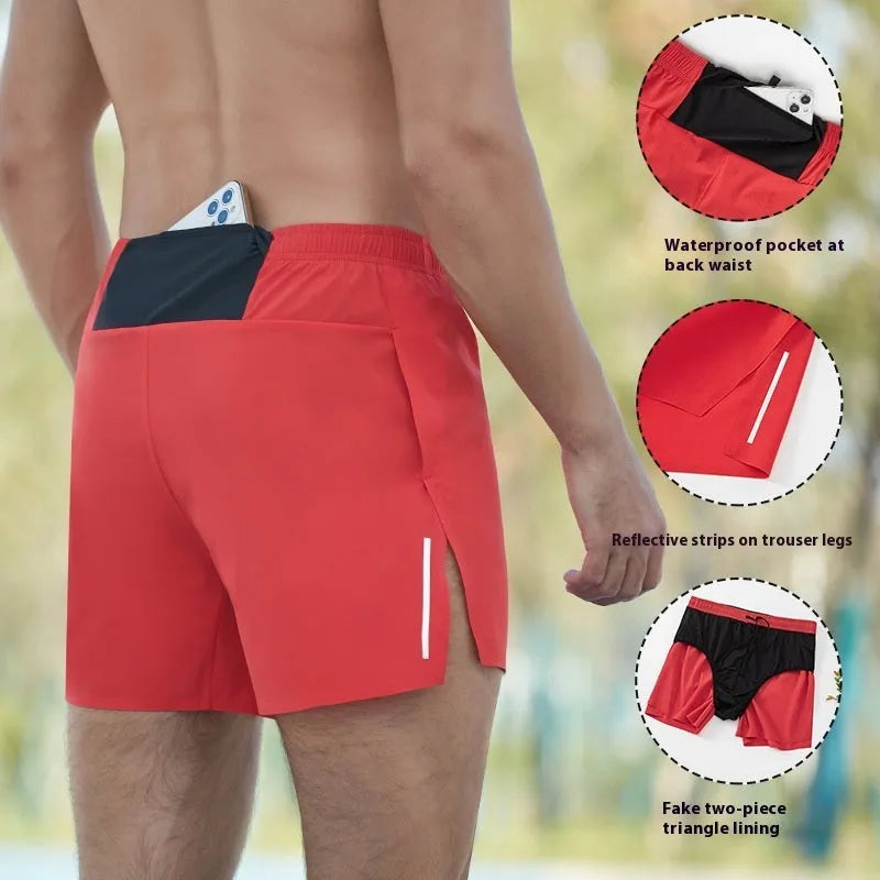 Men's loose fit high-waist off-road running shorts in red, shown front view