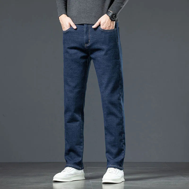 Men's loose straight fleece-lined jeans in black with lamb fleece lining, chenille fabric, sizes 29-48