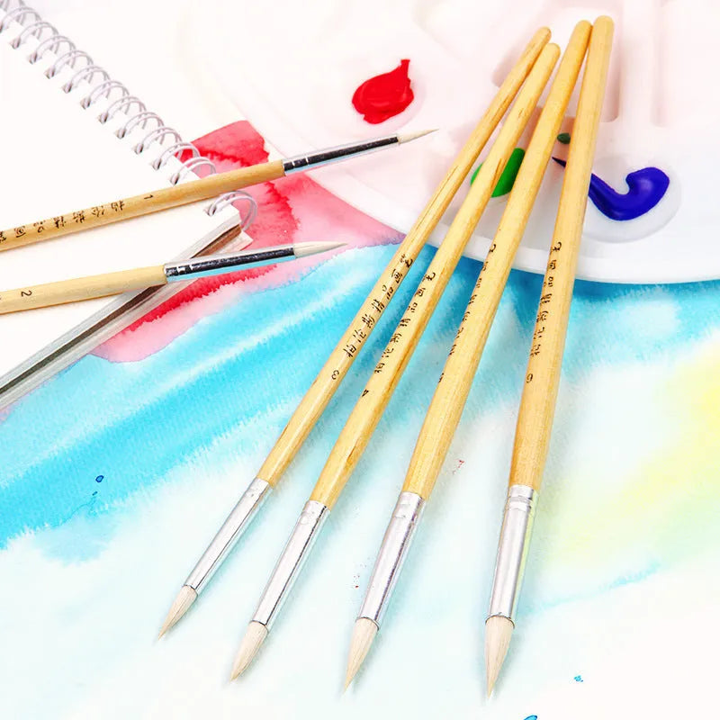 Set of six wooden pen brushes with pointed wool hook lines for calligraphy and art