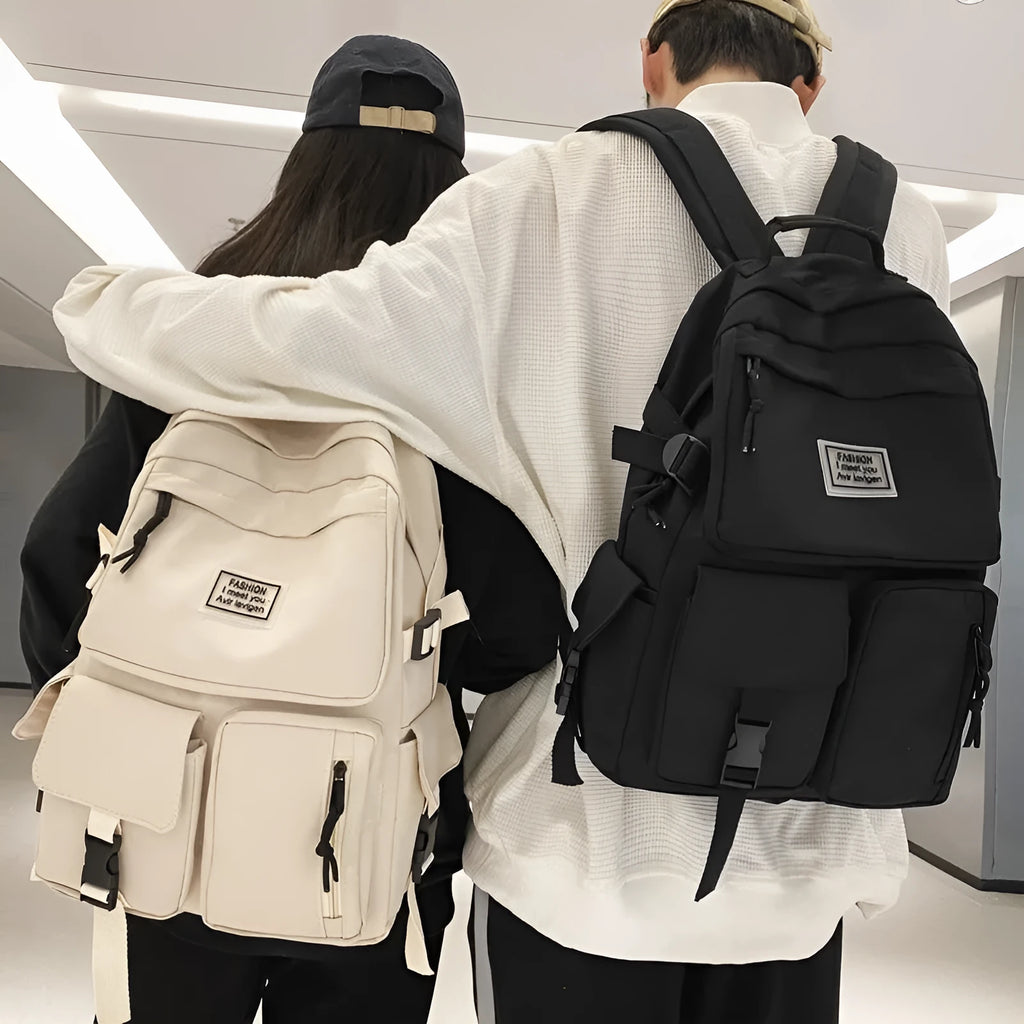 Black and white soft nylon student backpack with laptop compartment and three-dimensional pockets