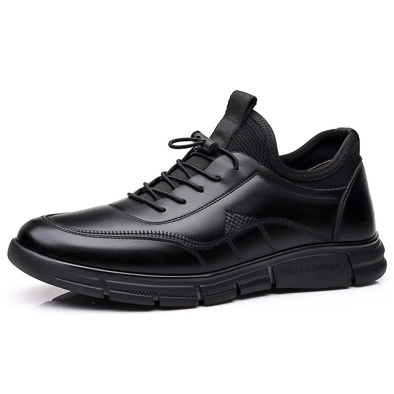 Men's black leather casual shoes with square heels and rubber soles