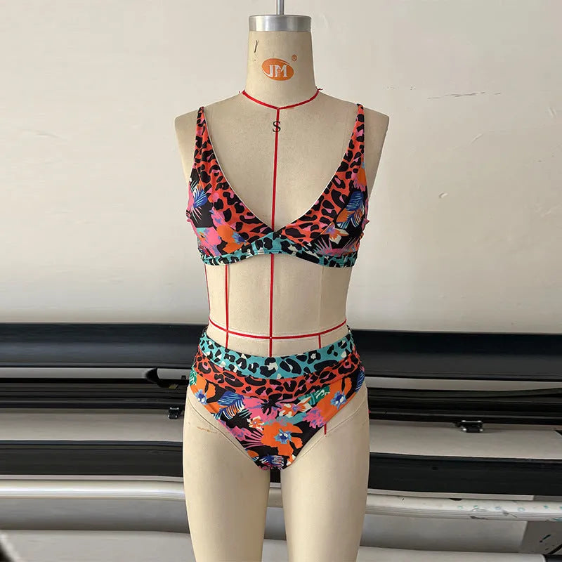 Women's high-waist bikini with floral print, shown in available colours.