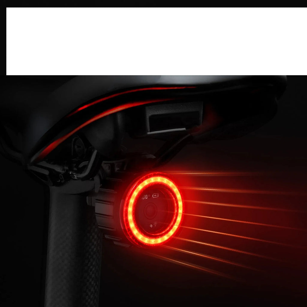 Black aluminium alloy bicycle induction brake taillight with seat tube mounting bracket.