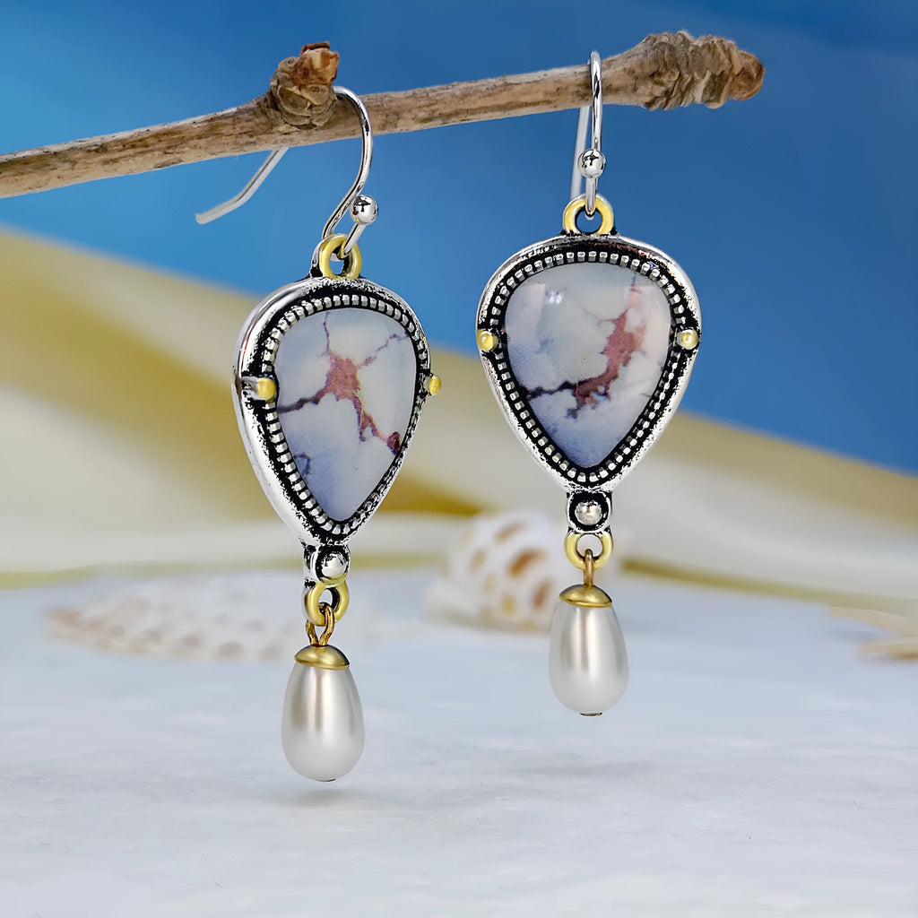 Retro blue drop earrings with geometric bohemian design and synthetic opal pearl accents