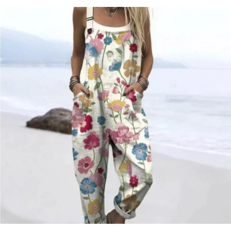 Women's digital print button suspender trousers, straight leg, mid waist, polyester, sizes S-5XL