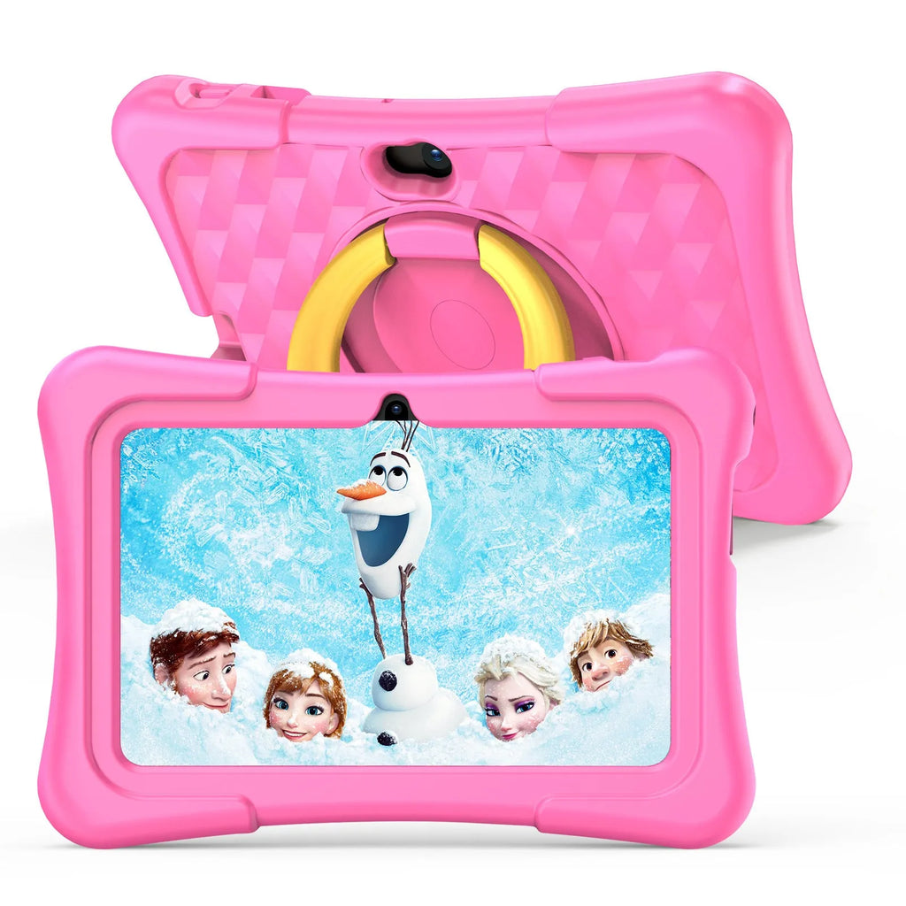 Blue children's educational tablet with a silicone protective cover and a white rotating handle bracket attached