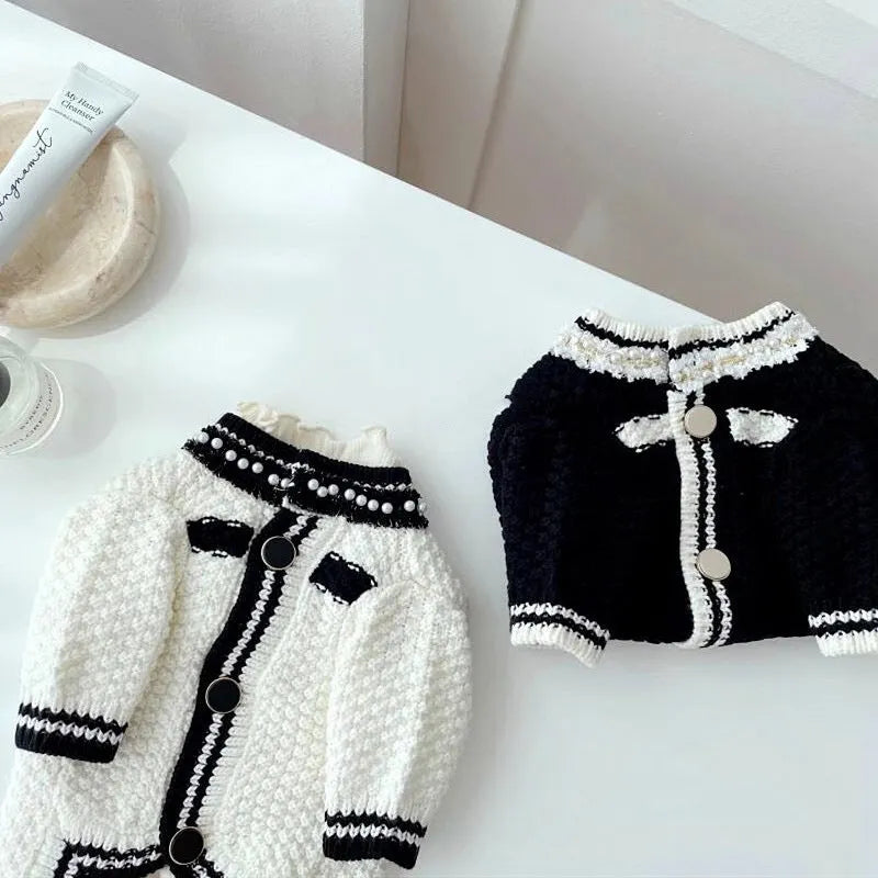 Korean style white dog sweater with pearl collar on small breed dog, princess cut design