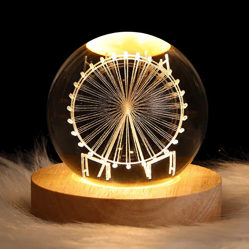 6cm crystal ball LED night light showing a 3D galaxy planet design, powered by a USB cable.