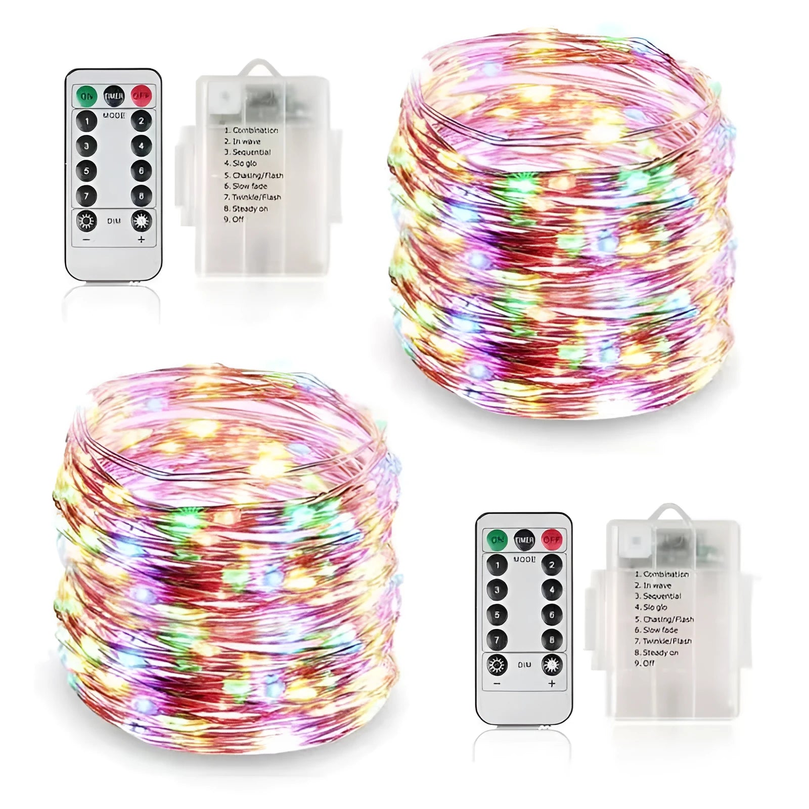 Copper wire string light with LED bulbs, battery box, and USB plug on a 12-metre cable.