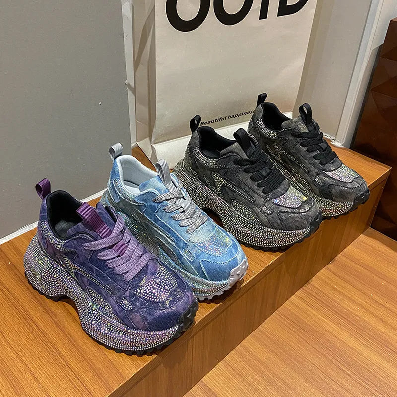 Glitter Diamond Purple Platform Sneakers women suede upper cushioned sole luxury casual running shoes