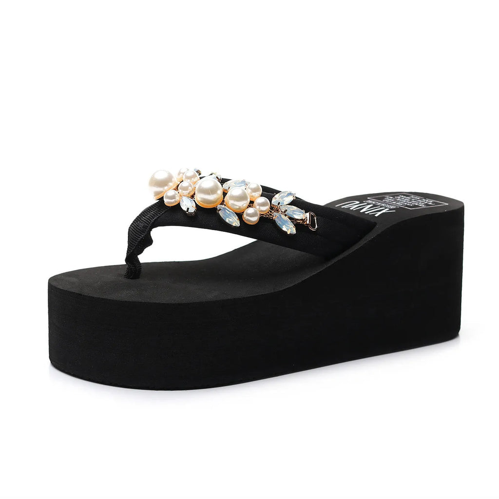 Women's high-heeled flip-flop sandals with cotton cloth upper in beige and black colour options.