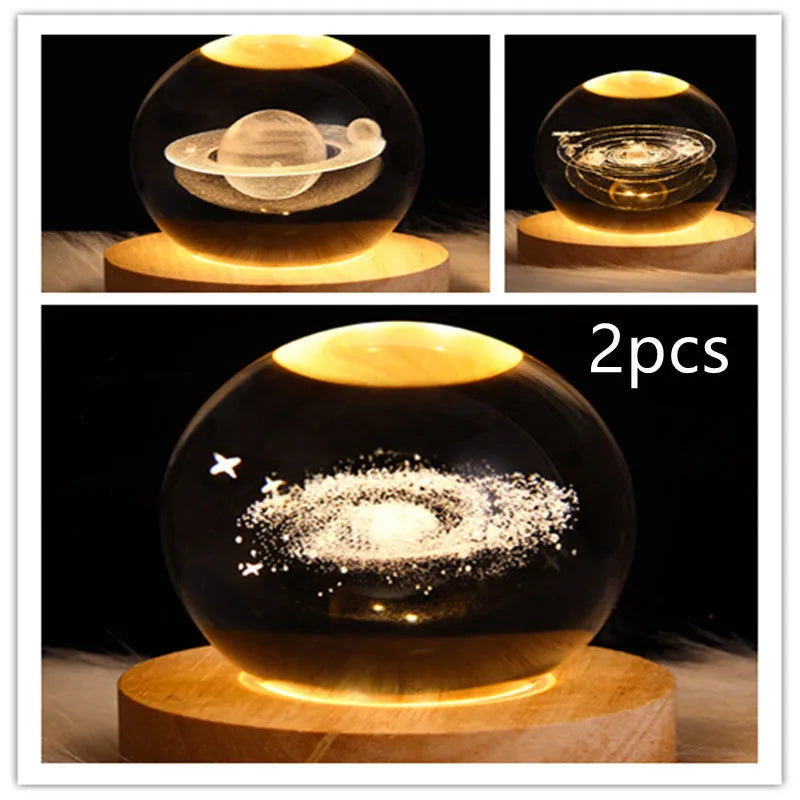6cm crystal ball LED night light showing a 3D galaxy planet design, powered by a USB cable.