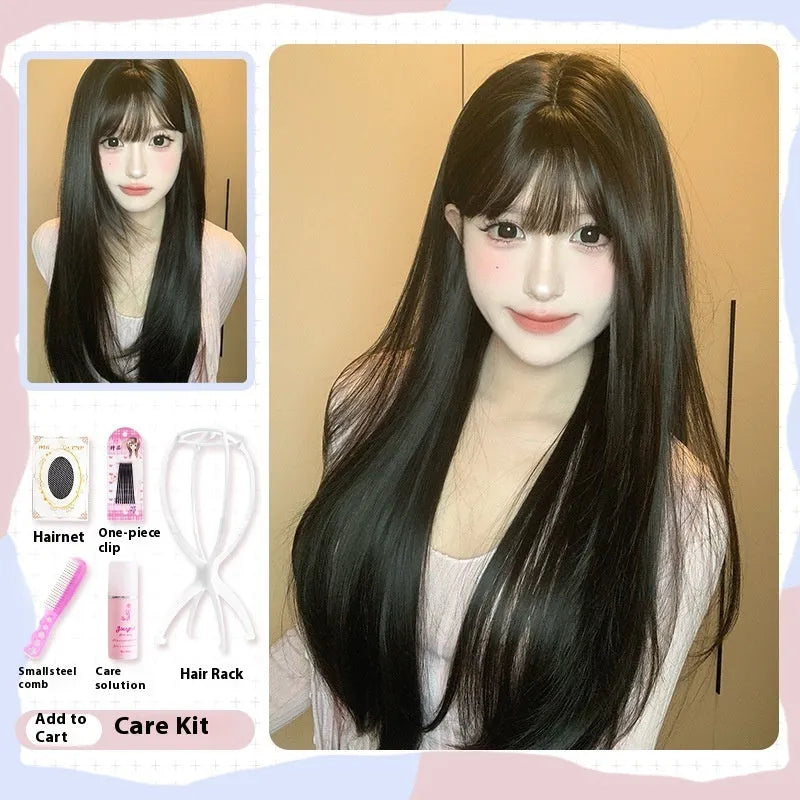 Dark brown long straight synthetic wig with bangs on a wig head.