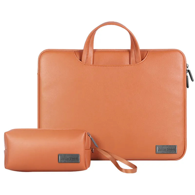 Shockproof laptop bag in black PU material with shoulder strap and accessory bag