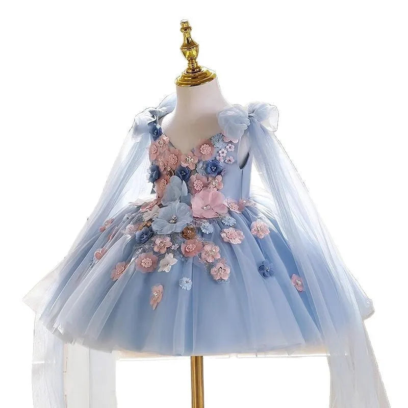 Sky blue girls princess dress for piano performance and hosting, polyester lined, 80cm to 150cm