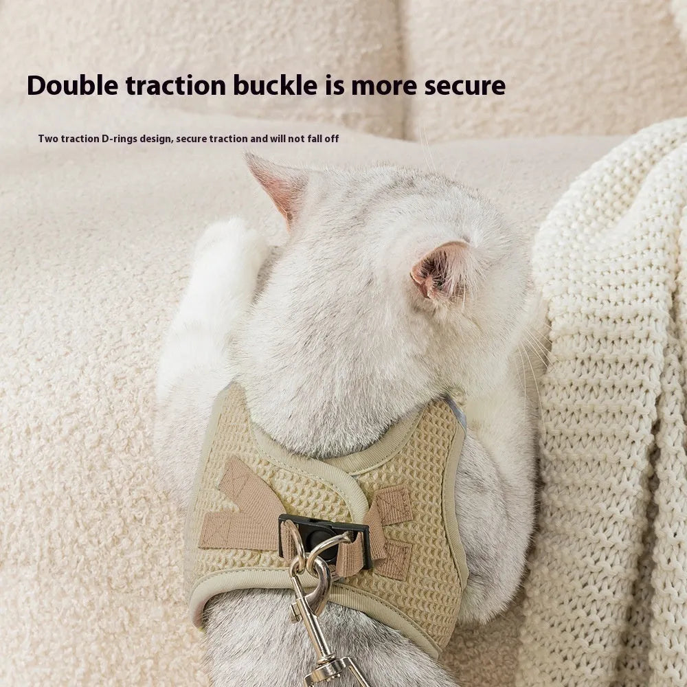 Waffle weave cat harness chest strap with integrated pulling rope in brown colour