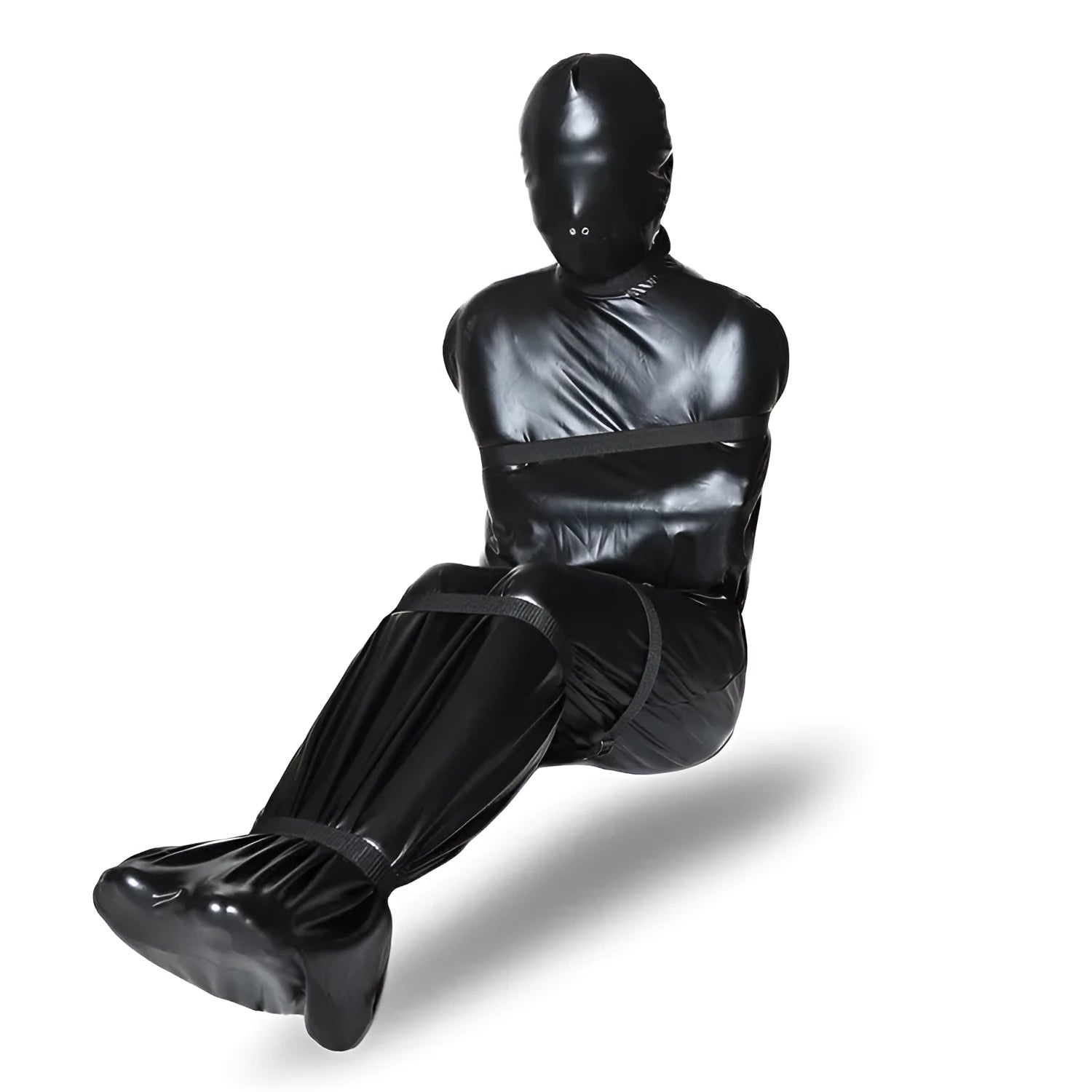 Black patent leather bondage set with body wrap and six ratchet tie-down straps