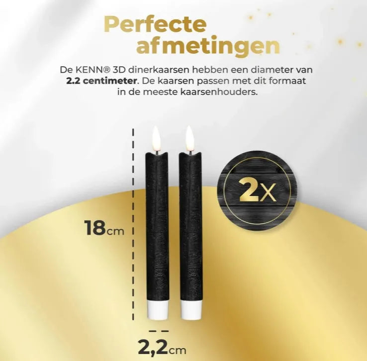 Black LED taper candle with realistic 3D flickering flame effect, measuring 18cm tall.