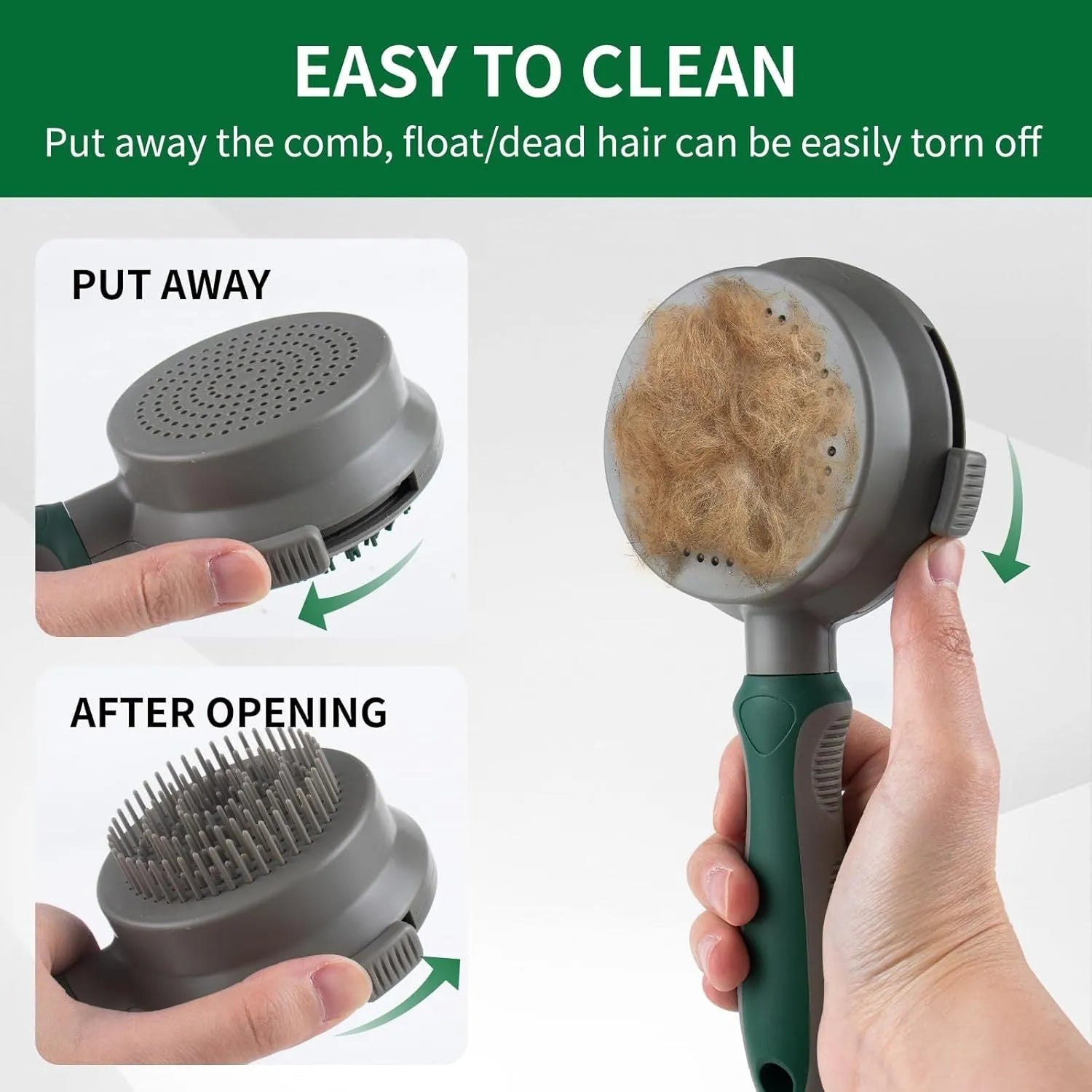 Green and pink two-sided pet grooming brush with retractable slicker and silicone massager