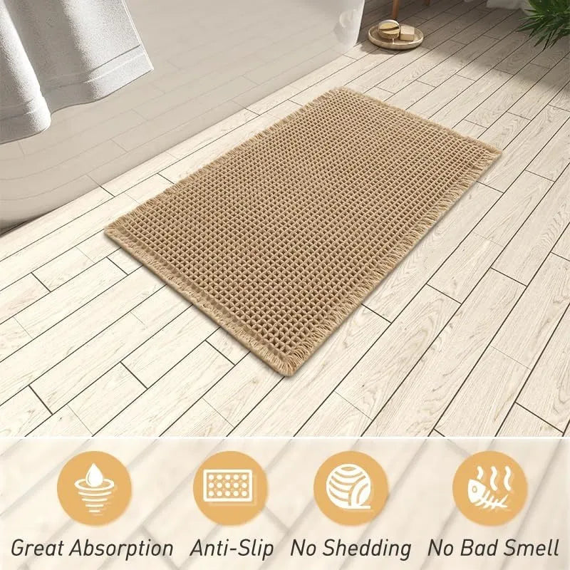 Square checkered pattern non-slip bathroom floor carpet on a tiled floor